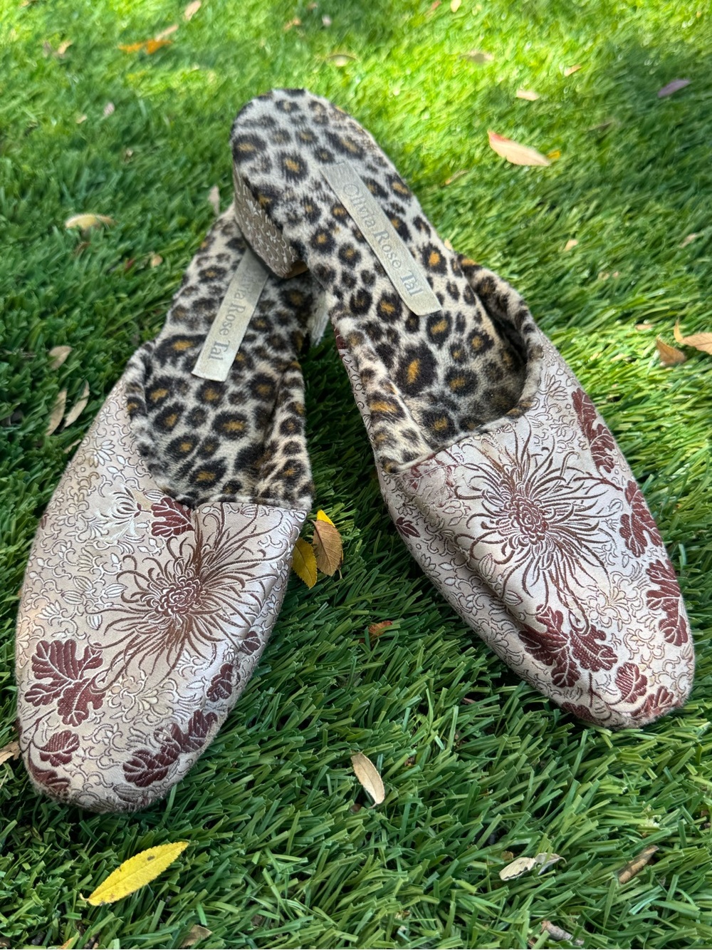 Olivia Rose Tal Floral Jacquard Slip-On Mules in Beige and Brown